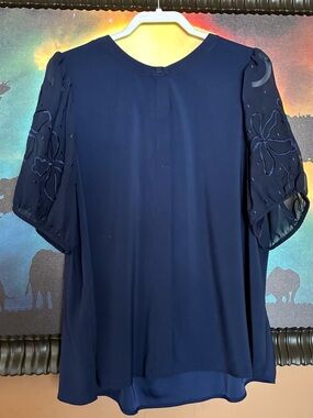 Modern Works Navy Blouse Sheer Sleeves